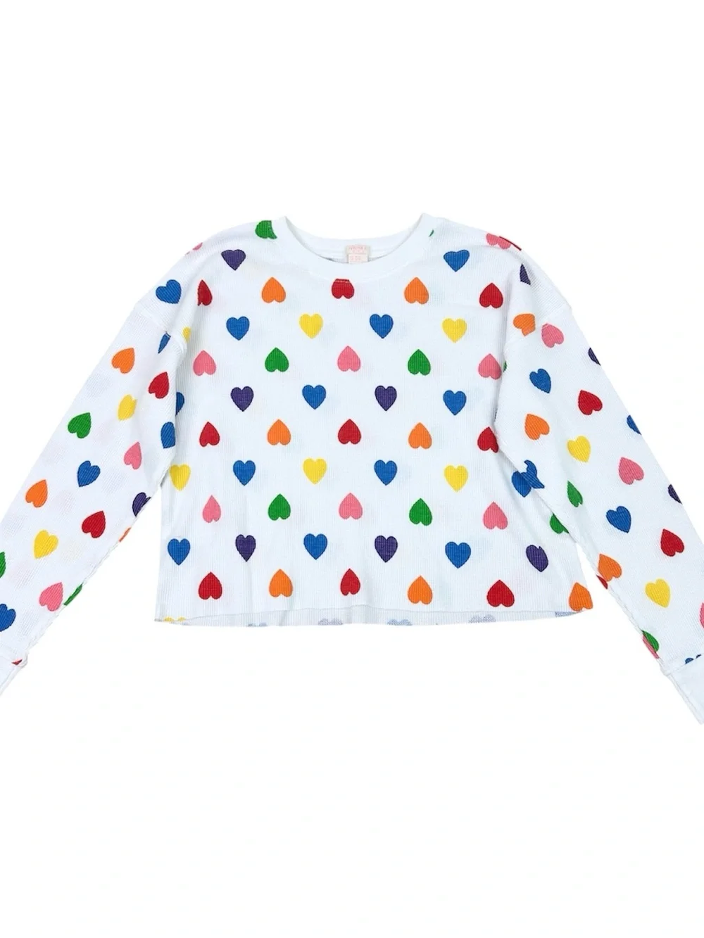 Forever 21 White Long Sleeve Waffle Knit Top Rainbow Heart Print